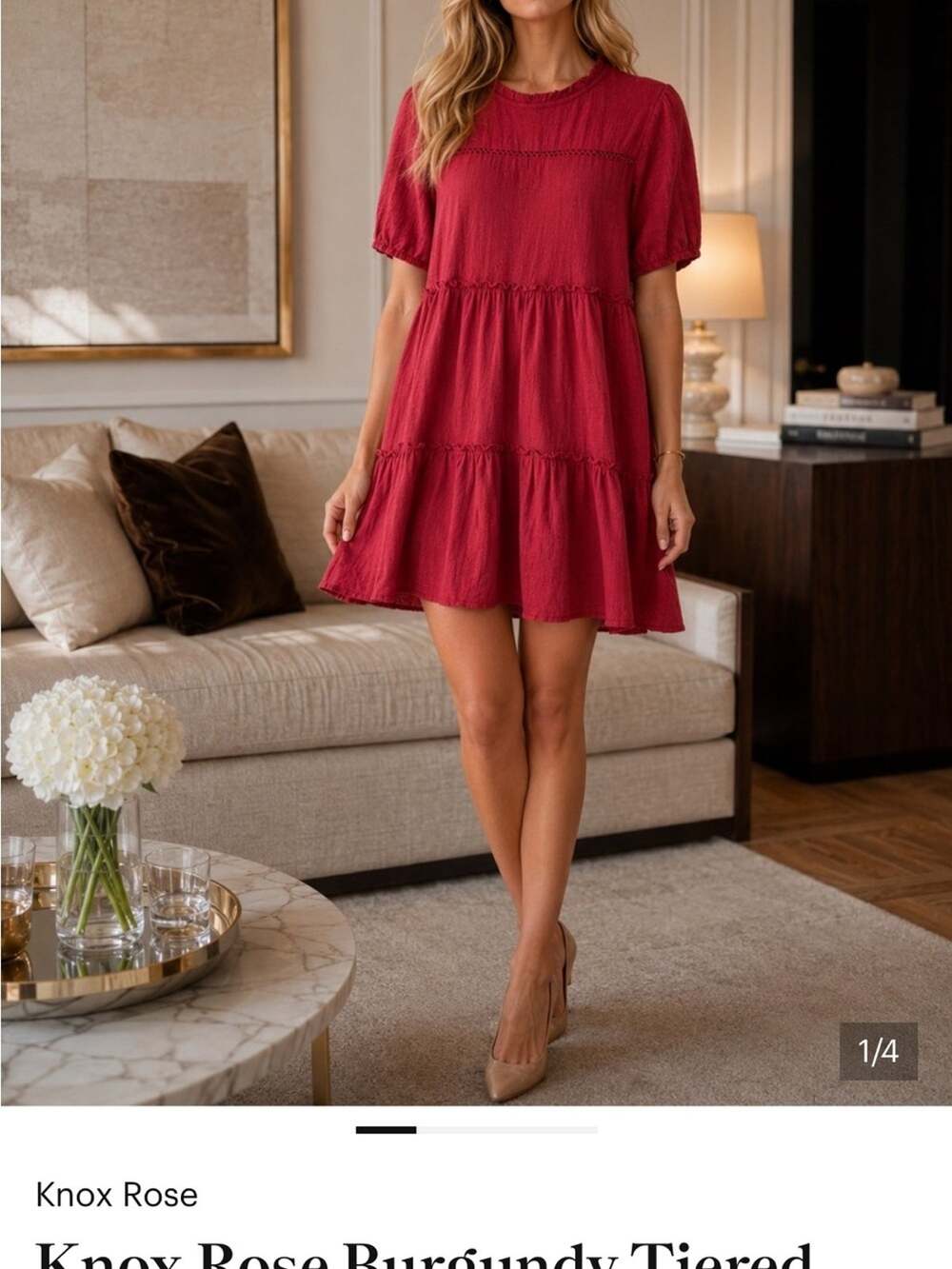 Knox Rose Burgundy Tiered babydoll Short Sleeve Dress size small